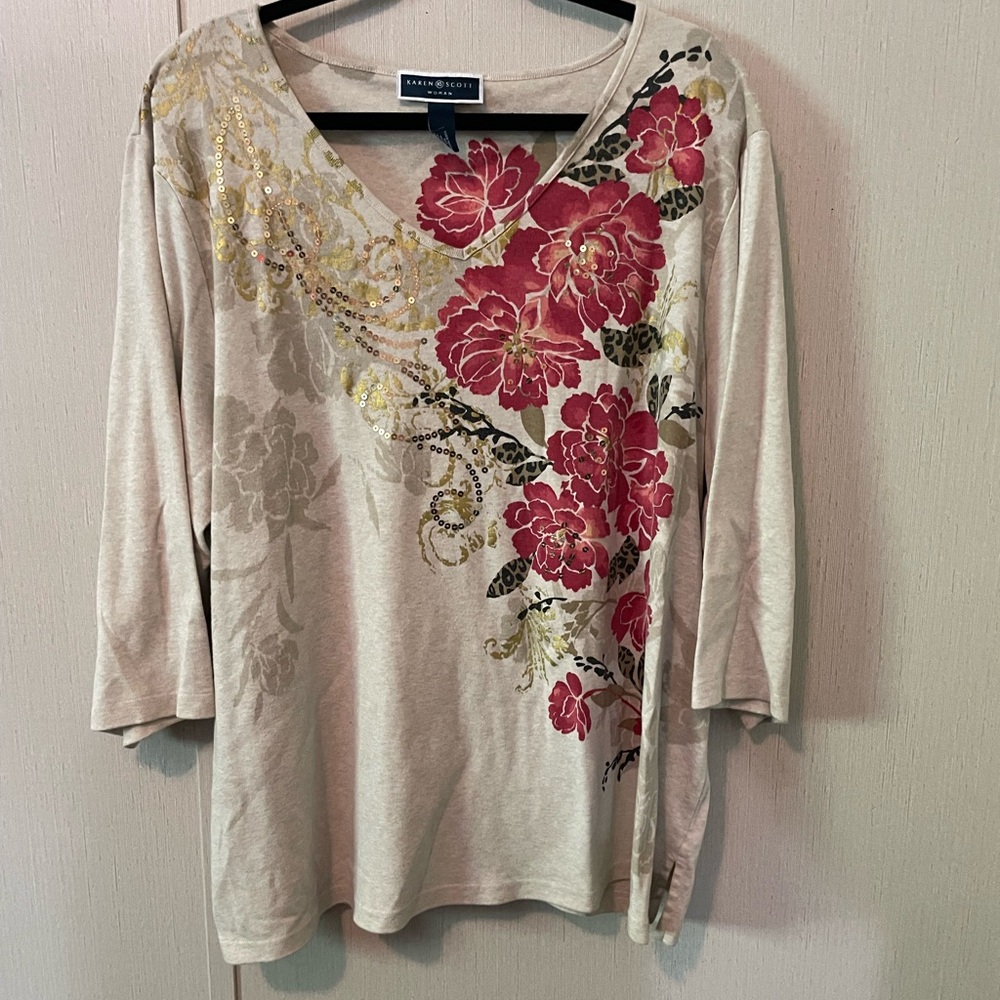 Karen Scott Women's Floral Beige Top
